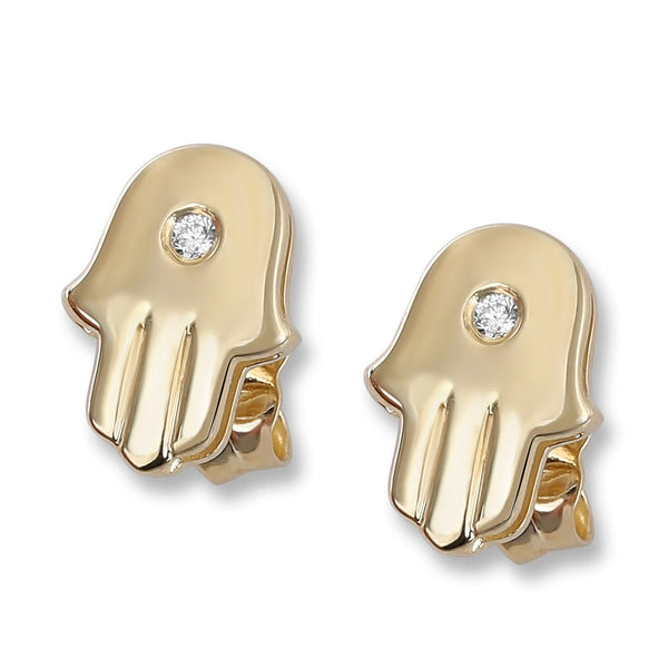 Gold Hamsa Earrings Choice of Diamond Stone Center 