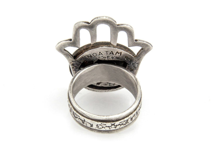 Hamsa Featuring Old, Collector'S Israeli Coin - 25 Pruta Coin Ring 