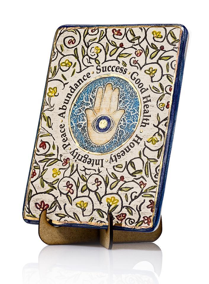 Hamsa Flowers Ceramic Plaque Hand Made Decorated With 24k Gold Ornaments Plaque 12*17cm 24k Gold Ornaments 
