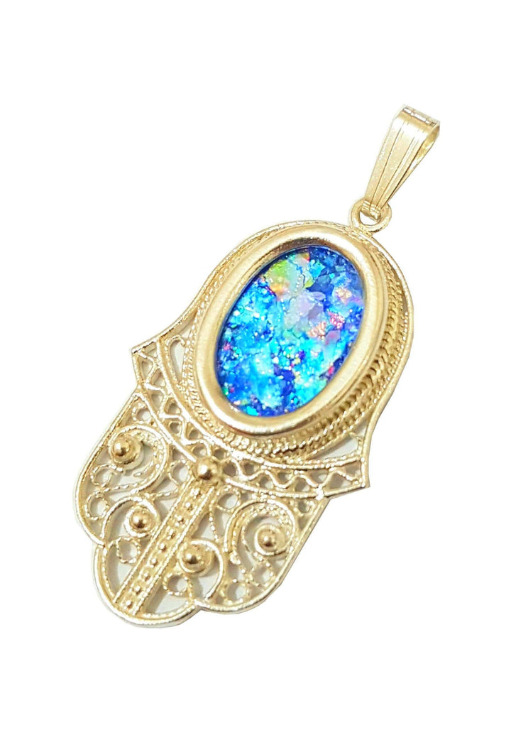 Hamsa Pendant Roman Glass Necklace 14 Karat Gold 
