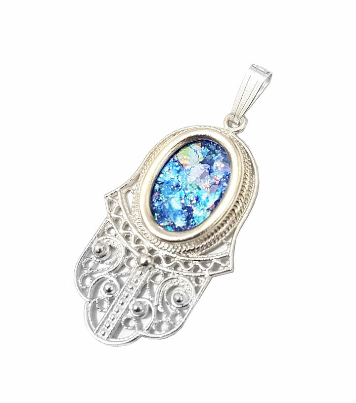 Hamsa Pendant Roman Glass Necklace Silver 