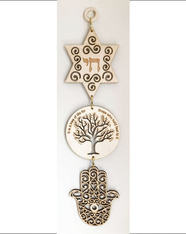 Hamsa, Tree of Life, & Jewish Star with Chai- Triple Wall & Window Hanging Wall & Window Hangings Hamsa - Star - Tree 