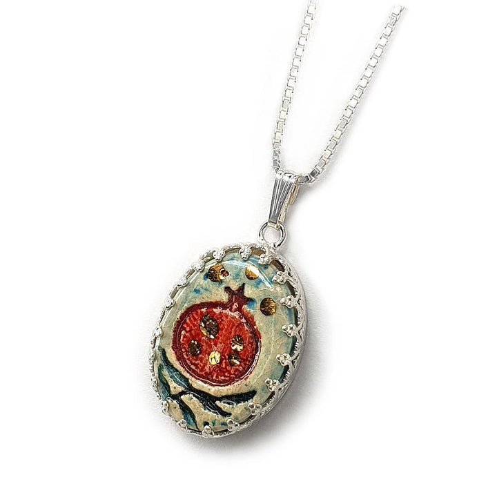 Handmade Art Jewlery Pomegranate Ceramic And Silver Necklace 