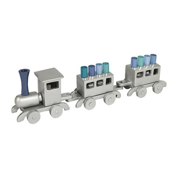 Hanukkah Menorah - Train - Aluminium - Blue Branches 