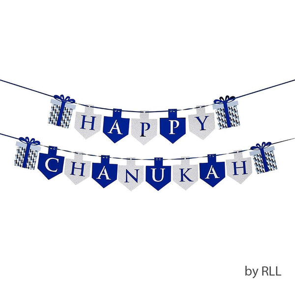 "happy Chanukah" Banner, Blue/silver, 2-ribbon Set, 11', Header Chanuka 