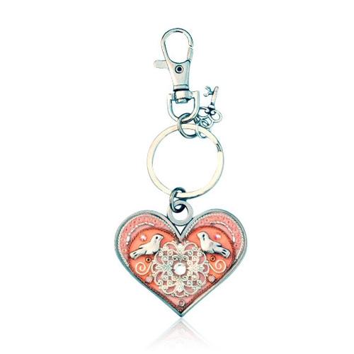 Heart Keyring with Hamsa Pink with Doves 