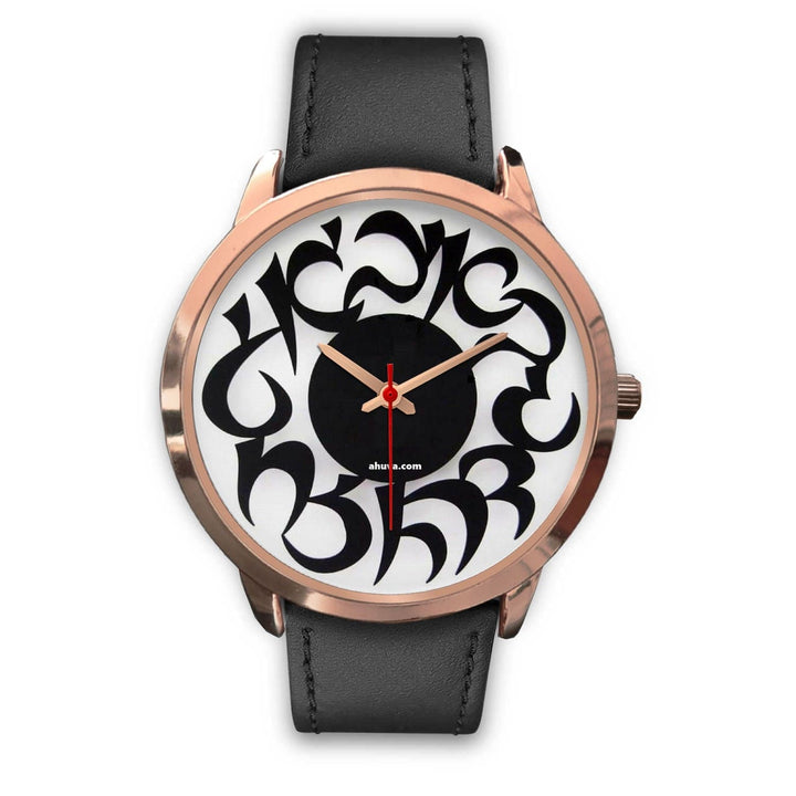 Hebrew Elegant Wristwatch Gold Rose Gold Watch Mens 40mm Black Leather 