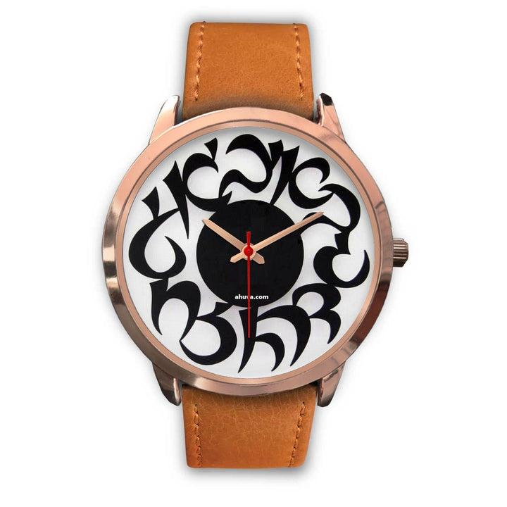 Hebrew Elegant Wristwatch Gold Rose Gold Watch Mens 40mm Brown Leather 