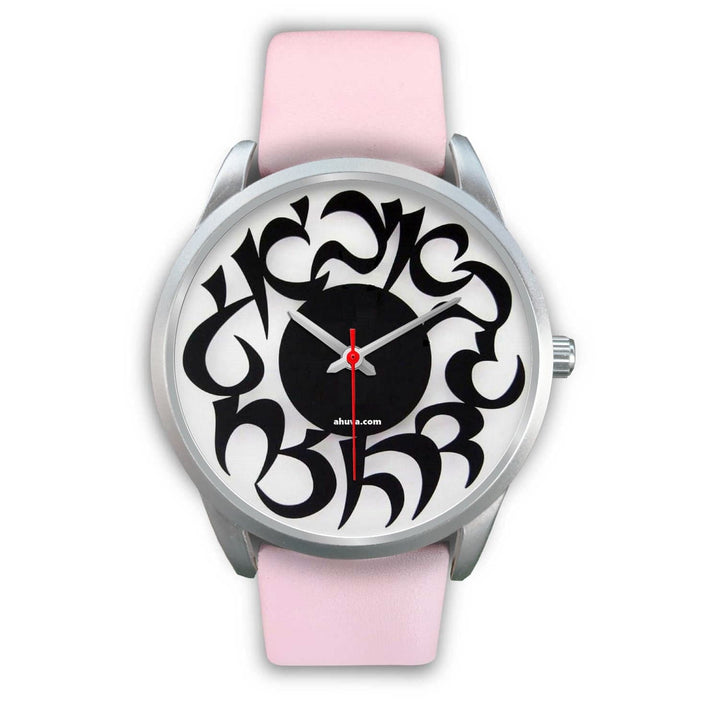 Hebrew Elegant Wristwatch Silver Silver Watch Mens 40mm Pink Leather 