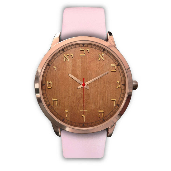 Hebrew Letters Elegant Watch Gold Rose Gold Watch Mens 40mm Pink Leather 