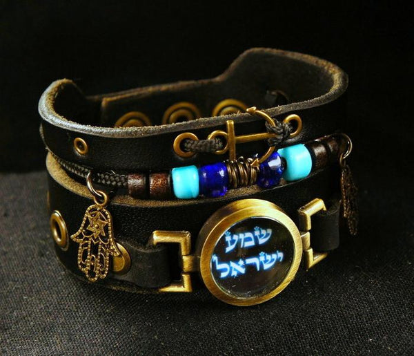 Hebrew Shema Yisrael Bracelet With Hamsa, Turquoise Glass Beads And Anchor For Him 