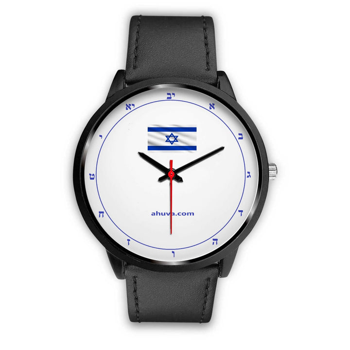 Hebrew Watch Israel Flag Hebrew Watch Mens 40mm Black Leather 