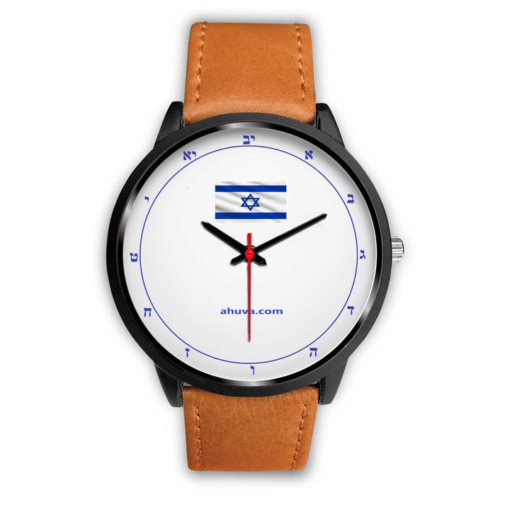 Hebrew Watch Israel Flag Hebrew Watch Mens 40mm Brown Leather 