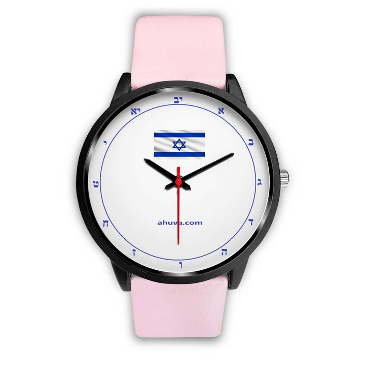 Hebrew Watch Israel Flag Hebrew Watch Mens 40mm Pink Leather 