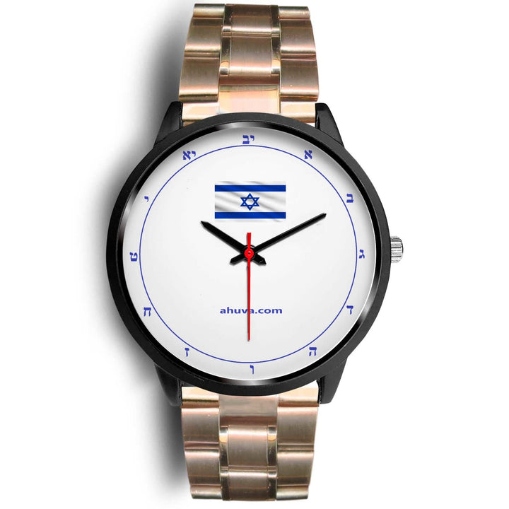Hebrew Watch Israel Flag Hebrew Watch Mens 40mm Rose Gold Metal Link 