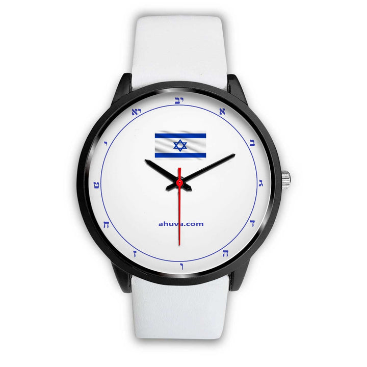 Hebrew Watch Israel Flag Hebrew Watch Mens 40mm White Leather 
