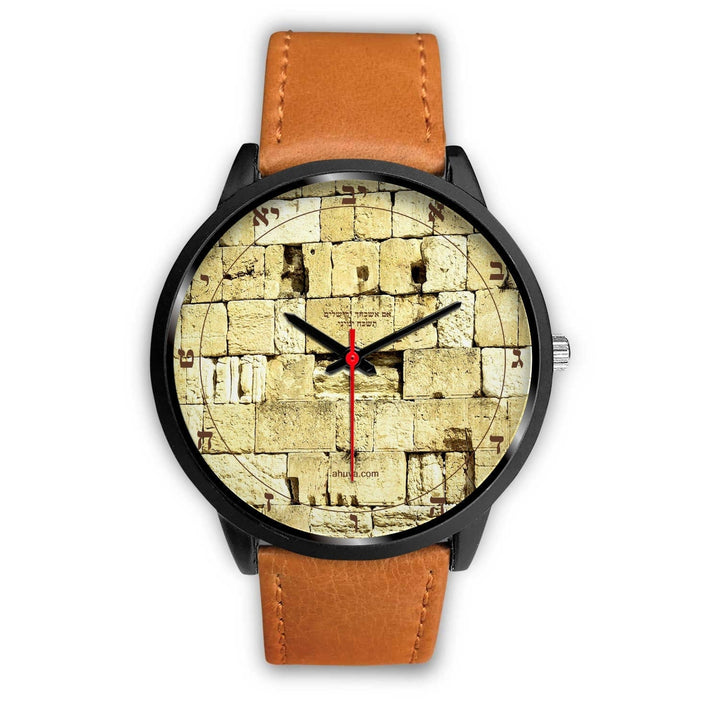 Hebrew Watch Kosel Western Wall For all Black Watch Mens 40mm Brown Leather 