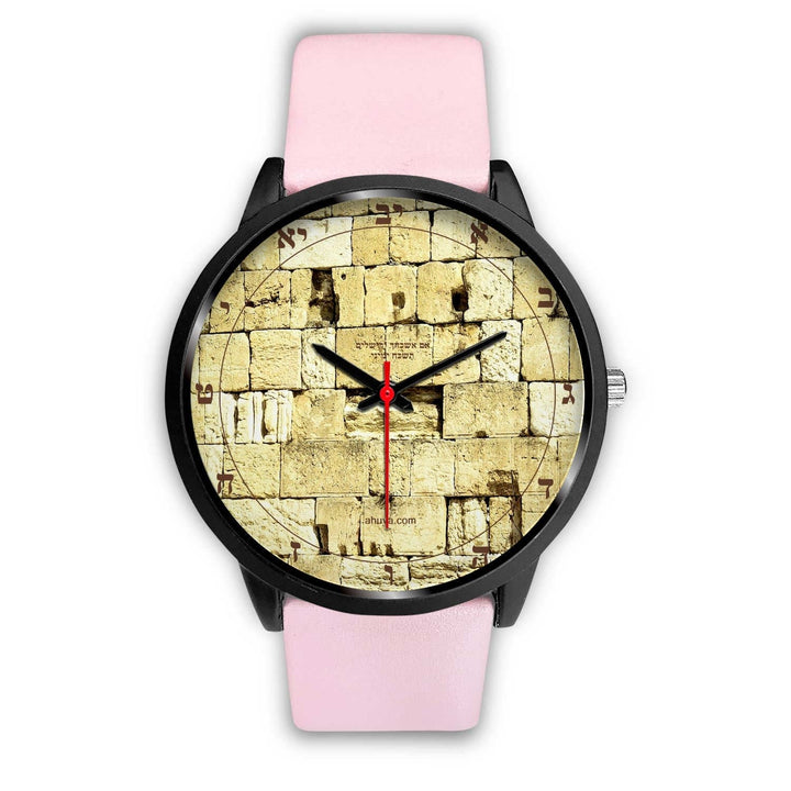 Hebrew Watch Kosel Western Wall For all Black Watch Mens 40mm Pink Leather 