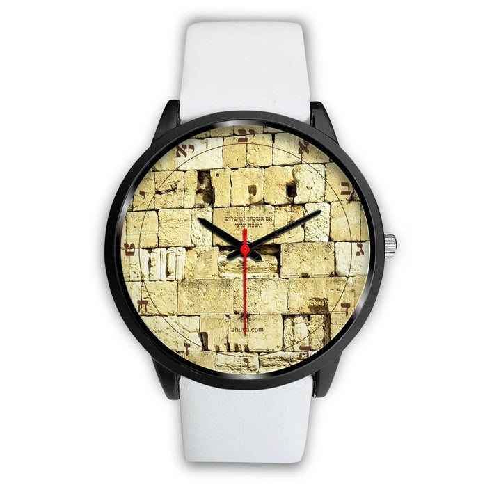 Hebrew Watch Kosel Western Wall For all Black Watch Mens 40mm White Leather 