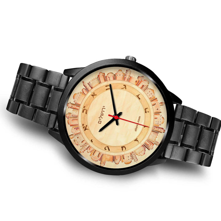 Hebrew Wristwatch Jerusalem Art - Black Black Watch 