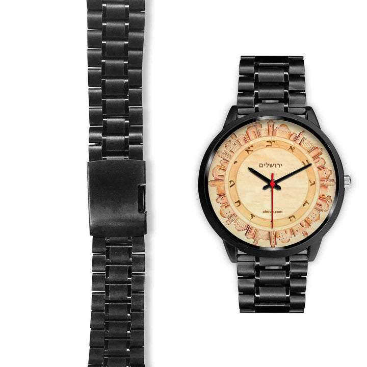 Hebrew Wristwatch Jerusalem Art - Black Black Watch 