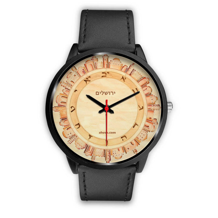 Hebrew Wristwatch Jerusalem Art - Black Black Watch Mens 40mm Black Leather 