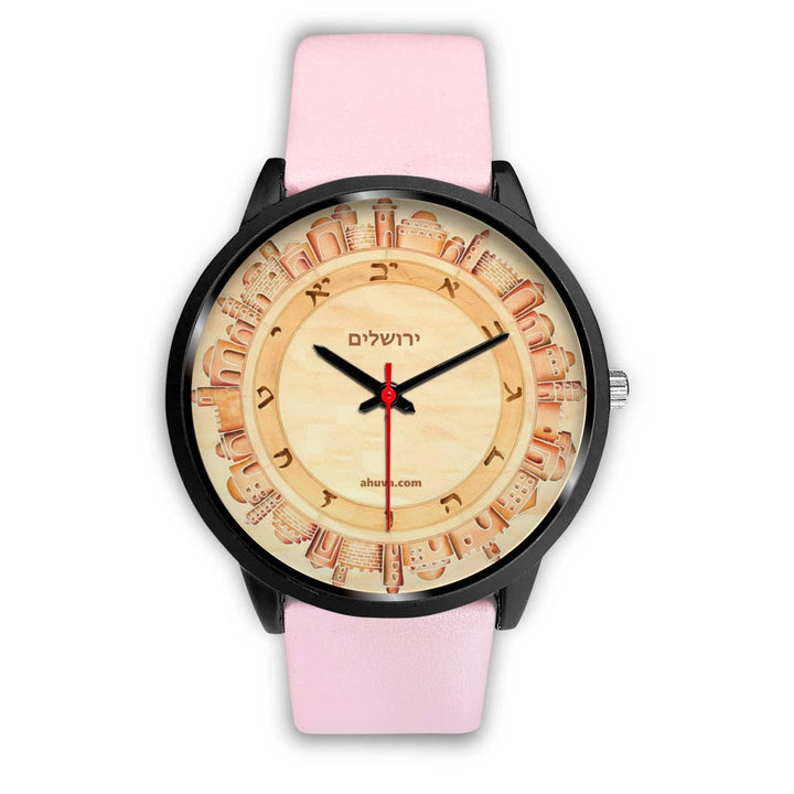 Hebrew Wristwatch Jerusalem Art - Black Black Watch Mens 40mm Pink Leather 