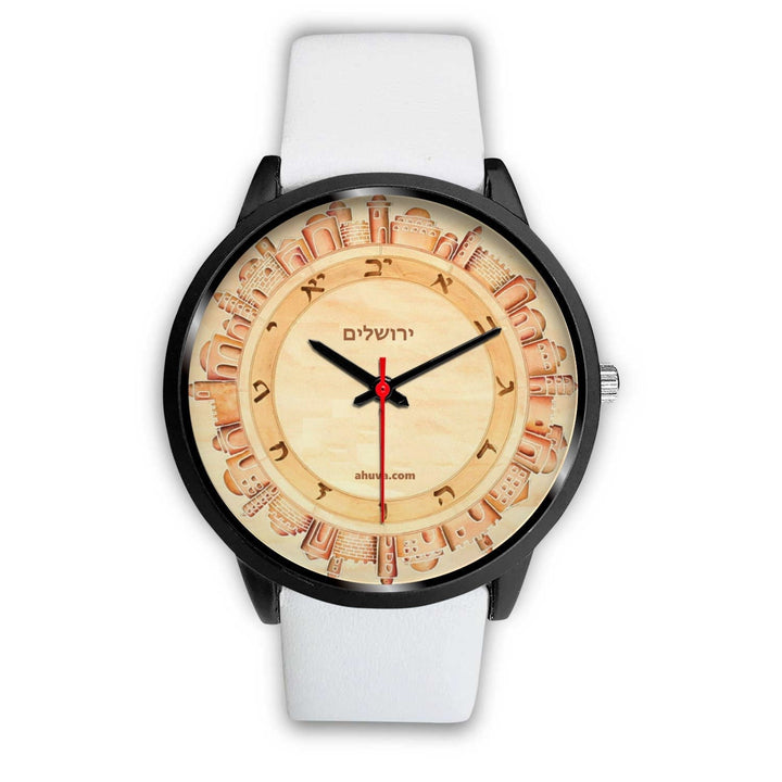 Hebrew Wristwatch Jerusalem Art - Black Black Watch Mens 40mm White Leather 
