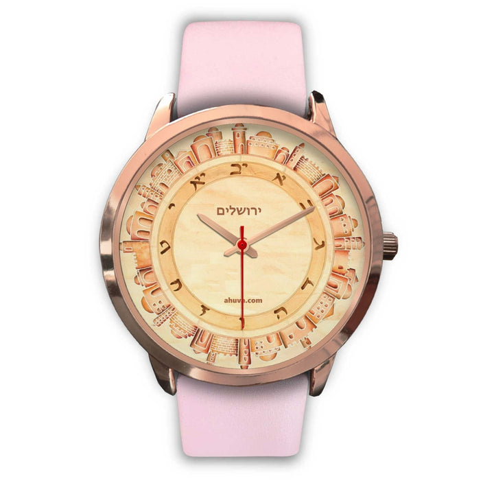 Hebrew Wristwatch Jerusalem Art - Rose Gold Rose Gold Watch Mens 40mm Pink Leather 