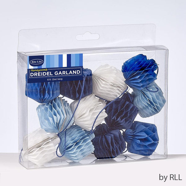 Honeycomb Dreidels 12pc Garland, Shades Of Blue, 6', Gift Box Chanukah 
