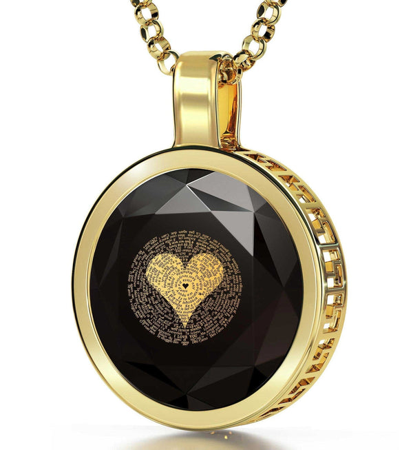 "I Love You" in 120 Languages, 14k Gold Necklace, Zirconia Necklace Black Jet 
