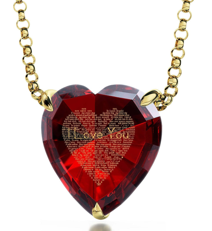 "I Love You" in 120 Languages, 14k Gold Necklace, Zirconia Necklace Red Garnet 