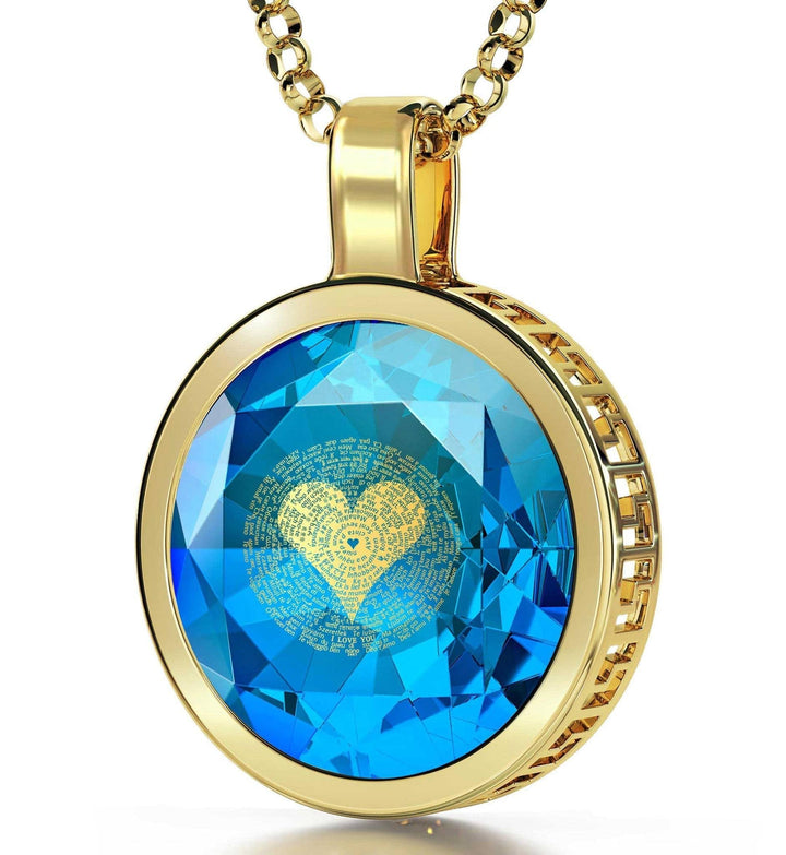 "I Love You" in 120 Languages, 14k Gold Necklace, Zirconia Necklace Turquoise Blue-Topaz 