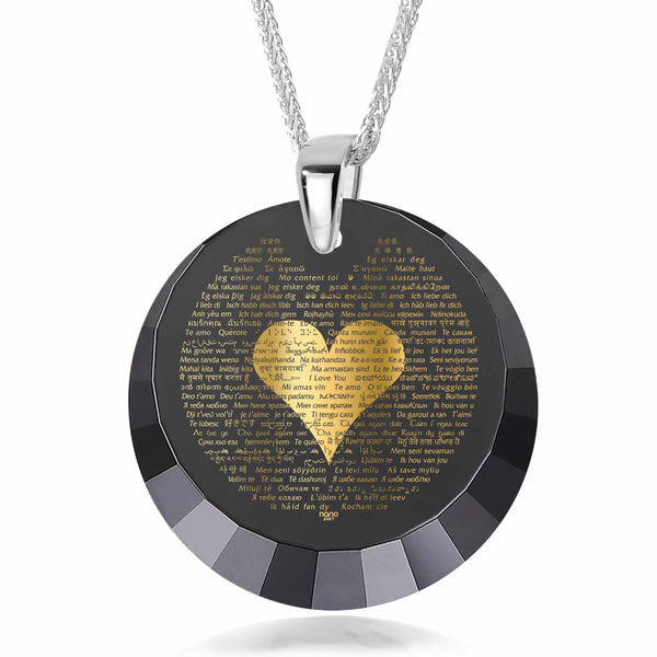 "I Love You" in 120 Languages, 14k White Gold Necklace, Zirconia Necklace Black Jet 