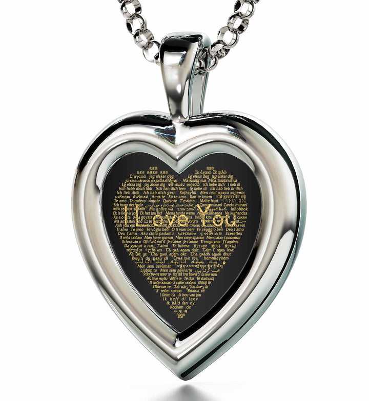 "I Love You" in 120 Languages, 14k White Gold Necklace, Zirconia Necklace Black Jet 