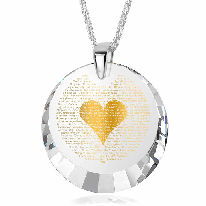 "I Love You" in 120 Languages, 14k White Gold Necklace, Zirconia Necklace Clear Crystal 