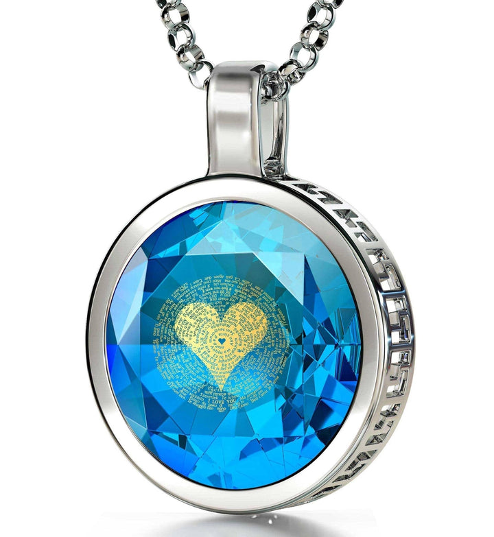 "I Love You" in 120 Languages, 14k White Gold Necklace, Zirconia Necklace Turquoise Blue-Topaz 