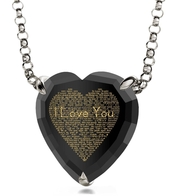 "I Love You" in 120 Languages, 925 Sterling Silver Necklace, Zirconia Necklace Black Jet 