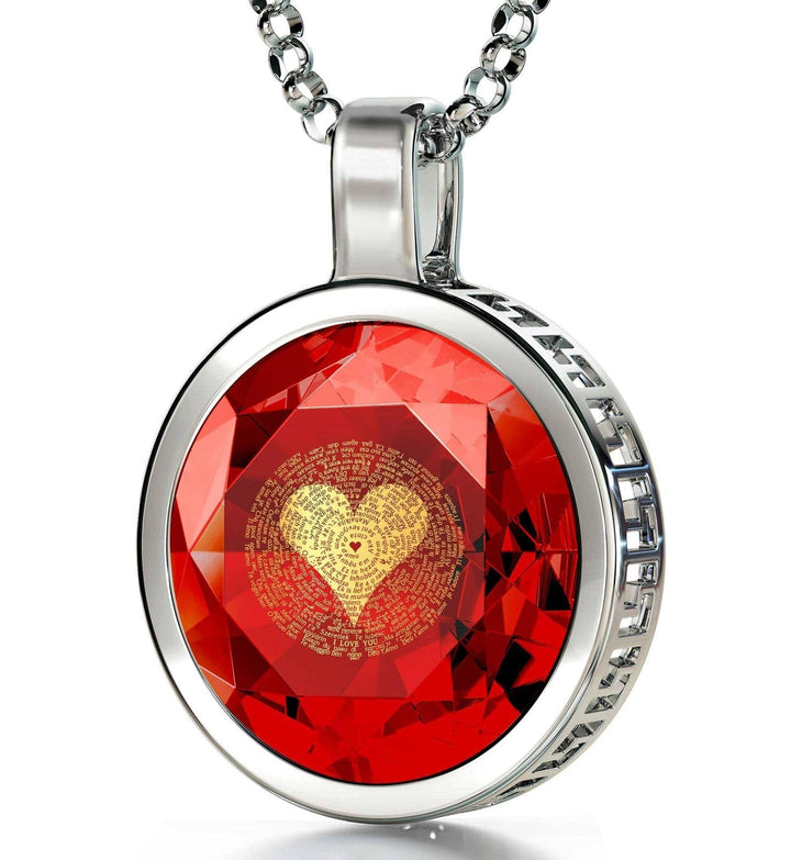 "I Love You" in 120 Languages, 925 Sterling Silver Necklace, Zirconia Necklace Red Garnet 