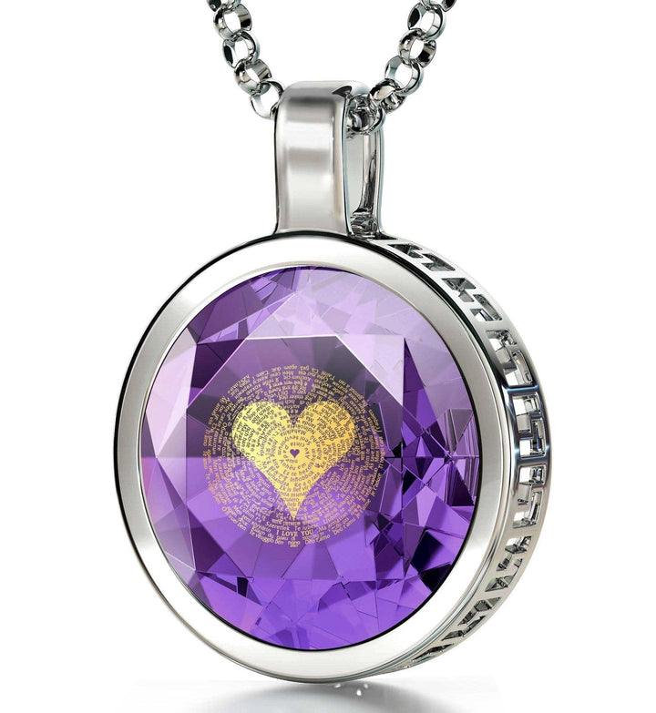 "I Love You" in 120 Languages, 925 Sterling Silver Necklace, Zirconia Necklace Violet Light Amethyst 