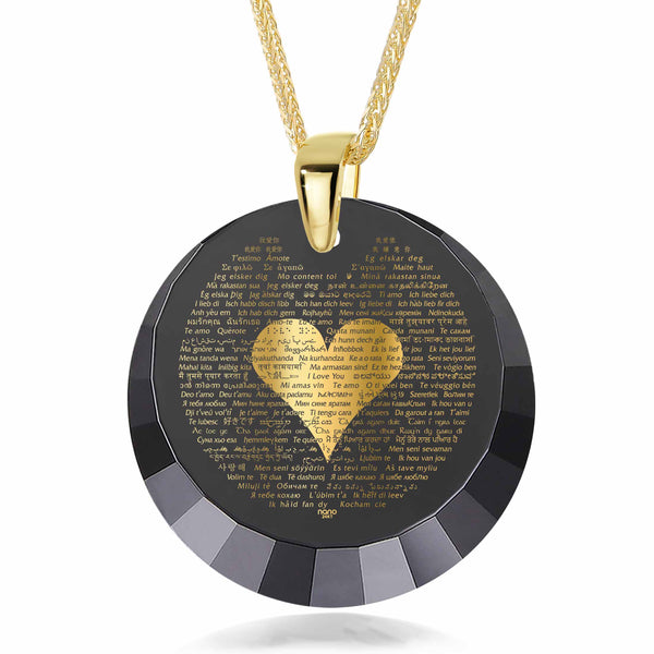"I Love You" in 120 Languages, Silver Gold Plated Necklace, Zirconia Necklace Black Jet 