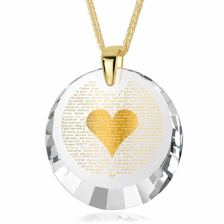 "I Love You" in 120 Languages, Silver Gold Plated Necklace, Zirconia Necklace Clear Crystal 