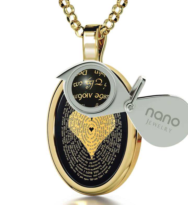 "I Love You" in 120 Languages, Sterling Silver Gold Plated (Vermeil) Necklace, Onyx Necklace 