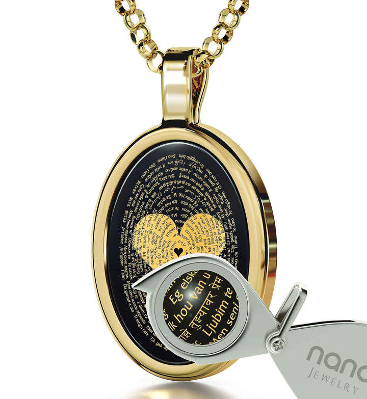 "I Love You" in 120 Languages, Sterling Silver Gold Plated (Vermeil) Necklace, Onyx Necklace 
