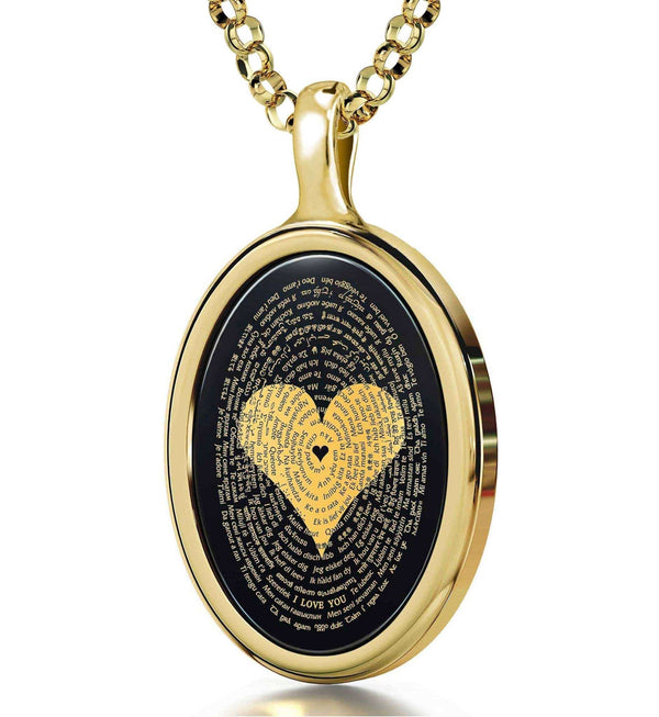 "I Love You" in 120 Languages, Sterling Silver Gold Plated (Vermeil) Necklace, Onyx Necklace Black Onyx 
