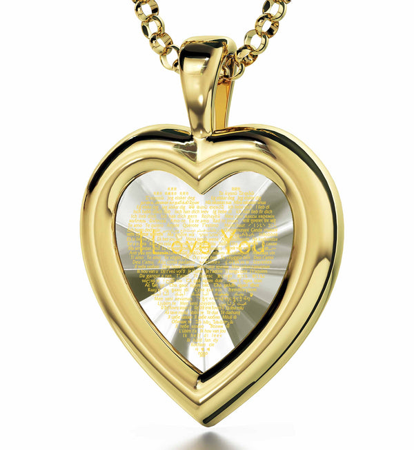 "I Love You" in 120 Languages, Sterling Silver Gold Plated (Vermeil) Necklace, Zirconia Necklace Clear Crystal 