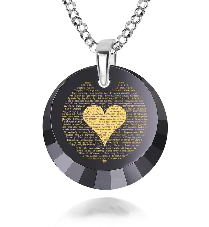 "I Love You" in 120 Languages, Sterling Silver Necklace, Zirconia Necklace Black Jet 