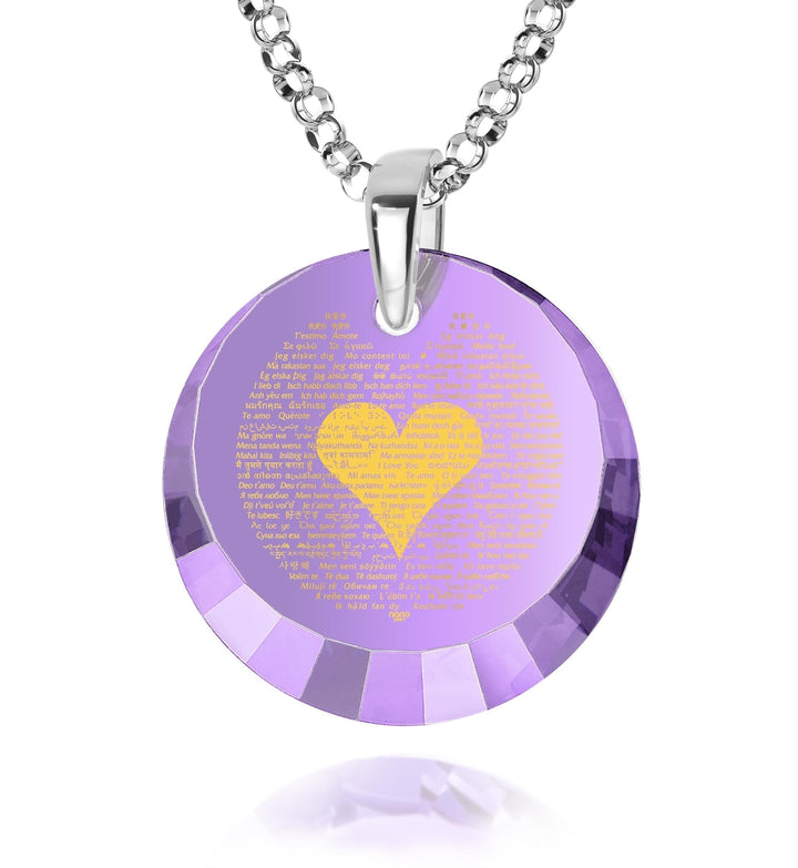 "I Love You" in 120 Languages, Sterling Silver Necklace, Zirconia Necklace Purple Amethyst 