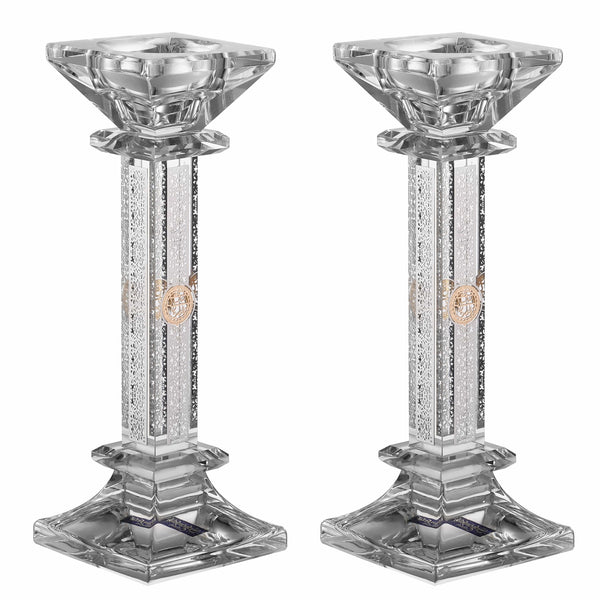 Set of Crystal Candlesticks with Silver Plate on 4 Sides-0