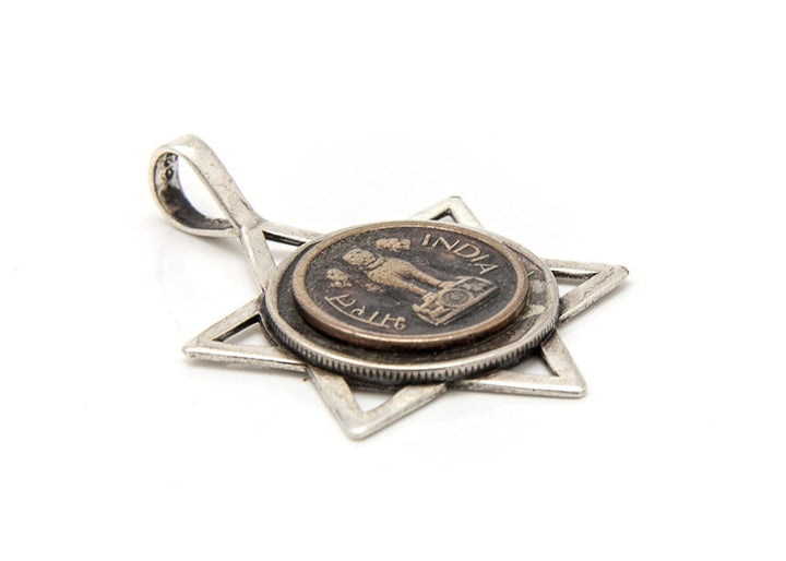 Indian Coin & Israeli Coin In A Star Of David Pendant Necklace 